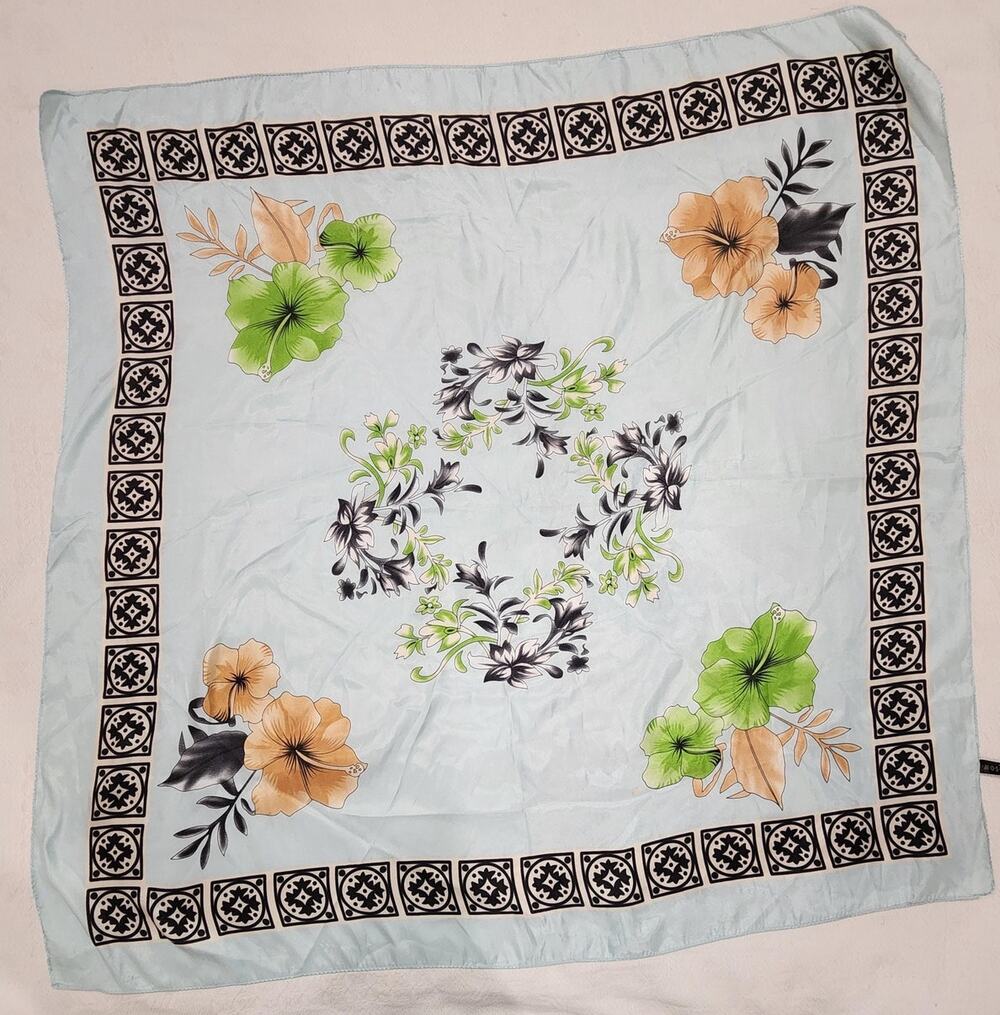 MOSI Silk Touch Scarf 34" Square Hibiscus Floral Blue Tile Border Italy